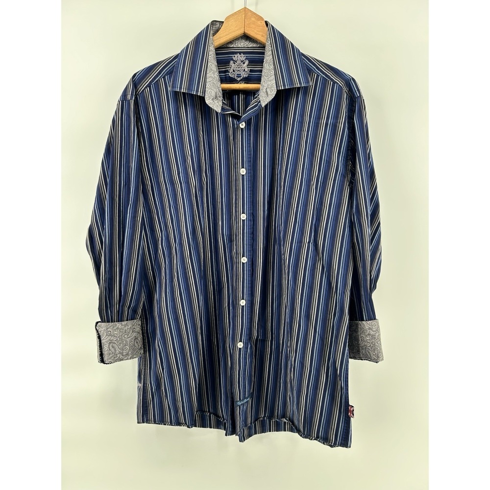 English Laundry Shirt Mens L Blue Gray Stripe‎ Paisley Flip Cuff Bold